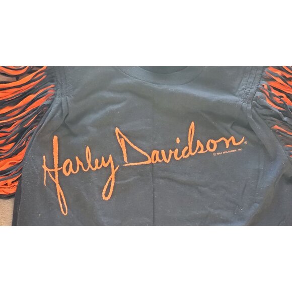 Harley-Davidson Black T-Shirt Razor Cut Sleeves Orange Logo MD Medium100% Cotton - Picture 4 of 10